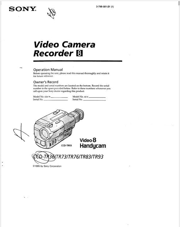 Sony CCD-TR76 Camcorder Owners Manual