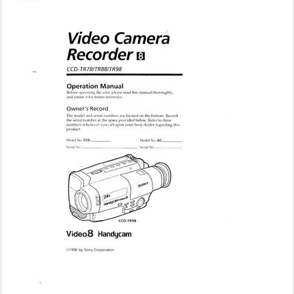 Sony CCD-TR78 Camcorder Owners Manual
