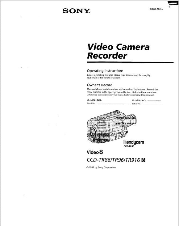 Sony CCD-TR916 Camcorder Owners Manual