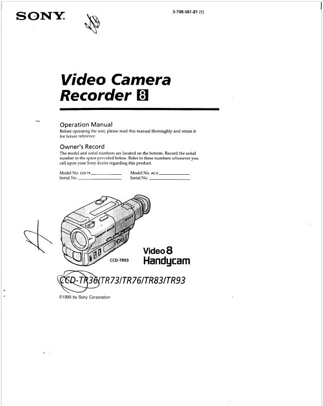 Sony CCD-TR93 Camcorder Owners Manual