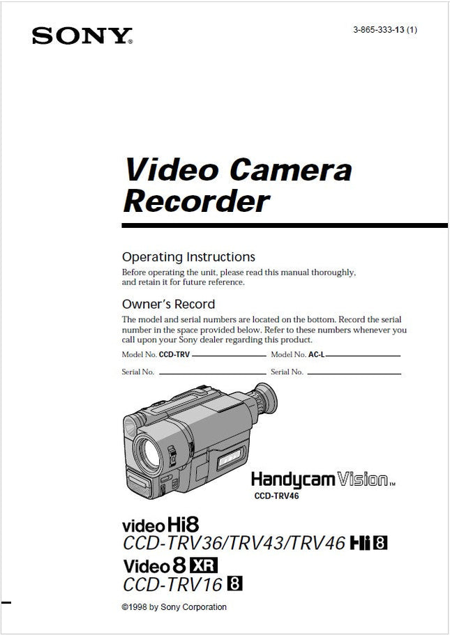 Sony CCD-TRV46 Camcorder Owners Manual