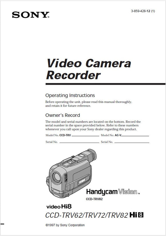 Sony CCD-TRV72 Camcorder Owners Manual