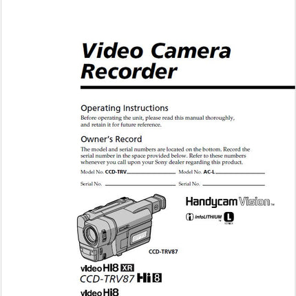 Sony CCD-TRV87 Camcorder Owners Manual