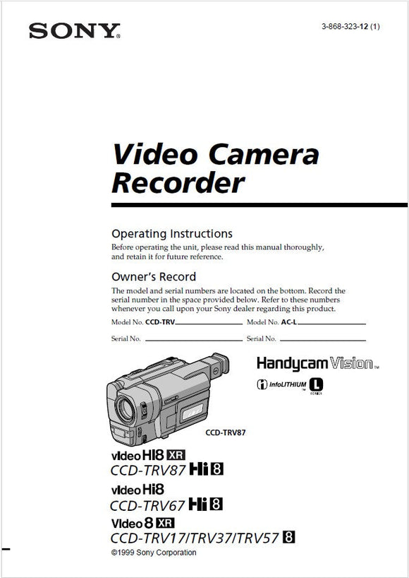 Sony CCD-TRV87 Camcorder Owners Manual