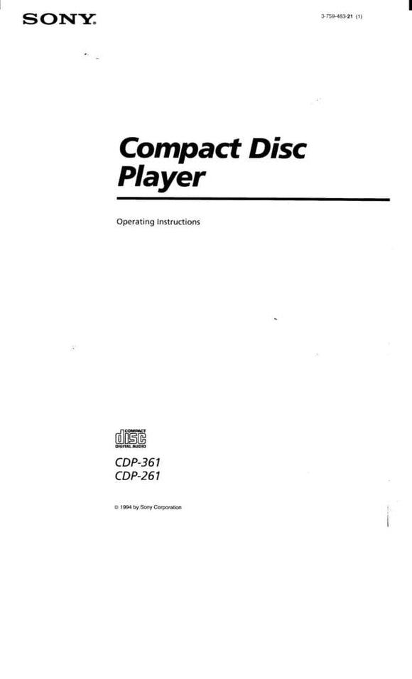 Sony CDP-261 CD Player Owners Manual