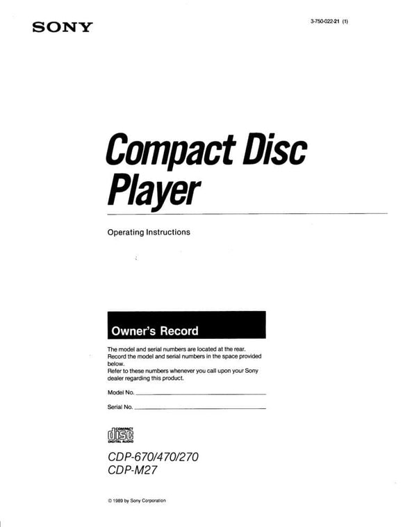 Sony CDP-270 CD Player Owners Manual