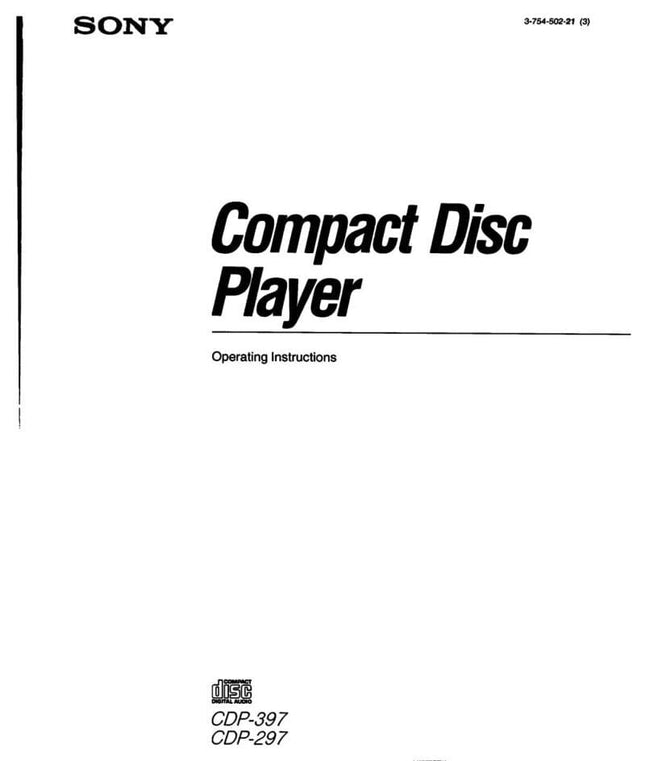 Sony CDP-397 CD Player Owners Manual