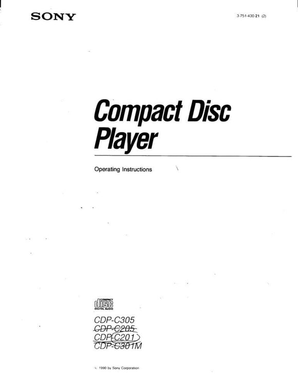 Sony CDP-C201 CD Player Owners Manual