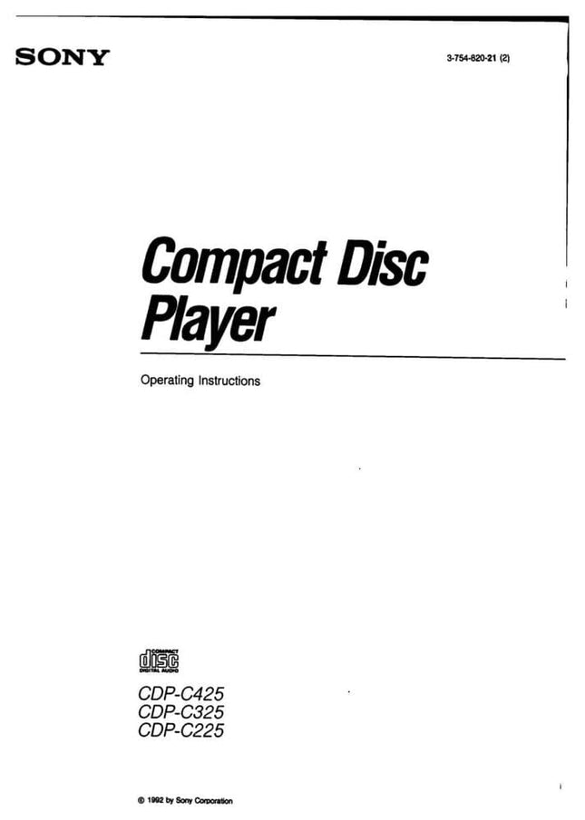 Sony CDP-C225 CD Player Owners Manual