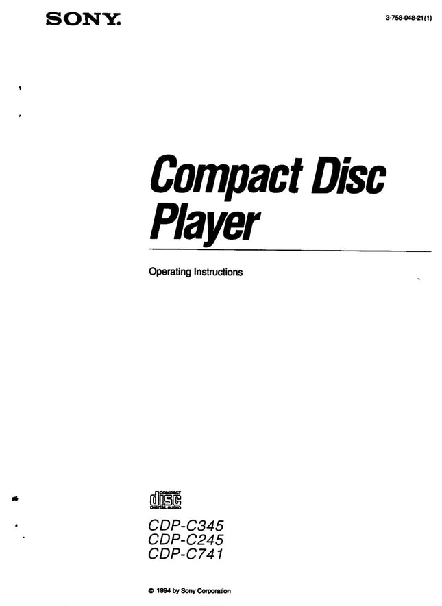 Sony CDP-C245 CD Player Owners Manual