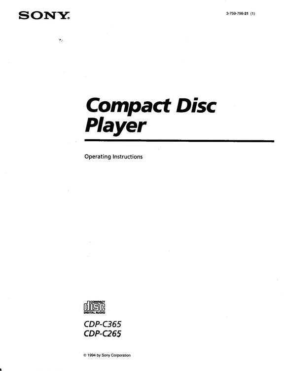 Sony CDP-C265 CD Player Owners Manual