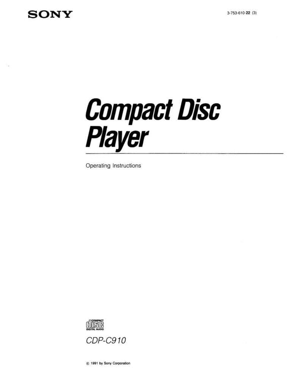 Sony CDP-C910 CD Player Owners Manual