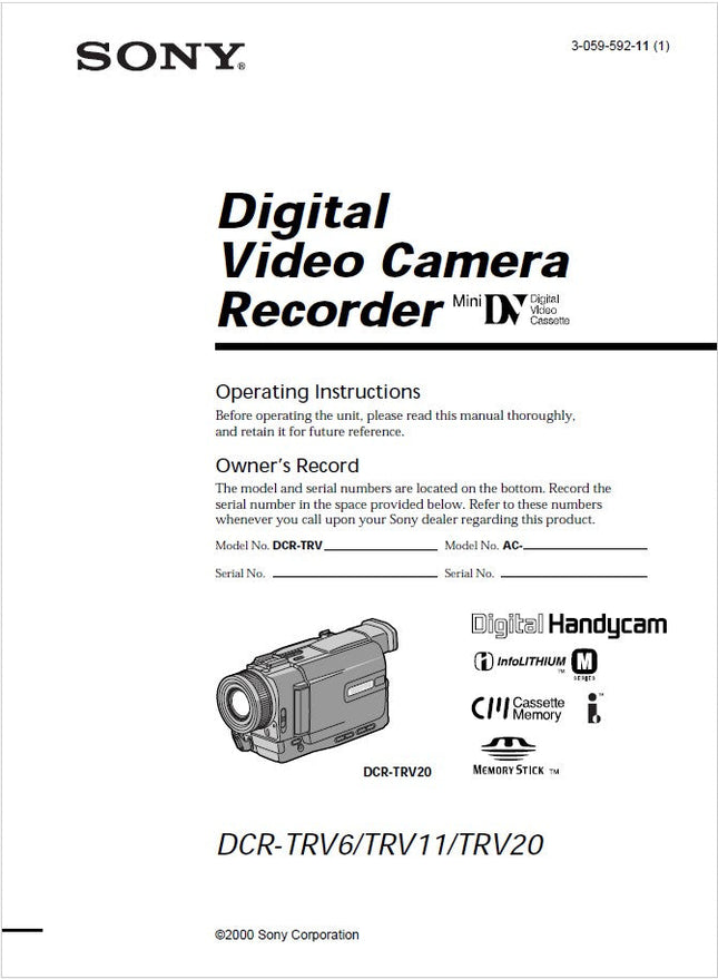 Sony DCR-TRV11 Camcorder Owners Manual