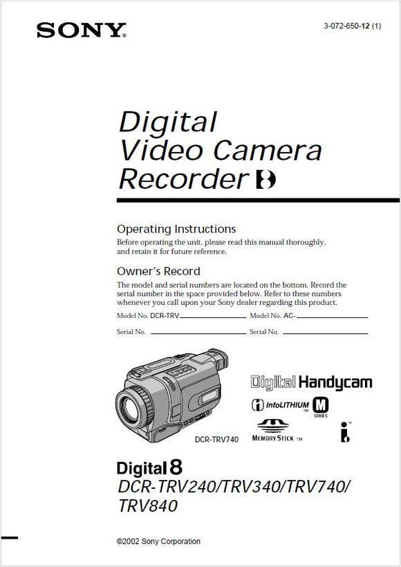 Sony DCR-TRV240 Camcorder Owners Manual