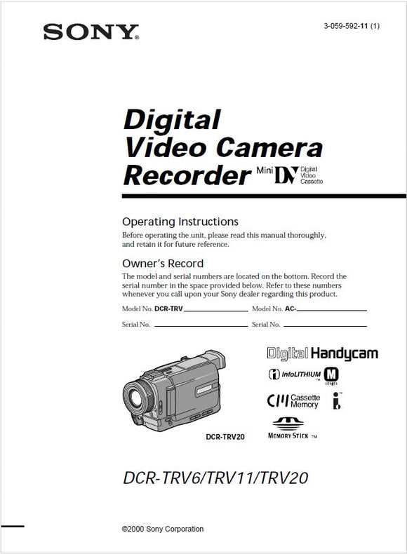 Sony DCR-TRV6 Camcorder Owners Manual