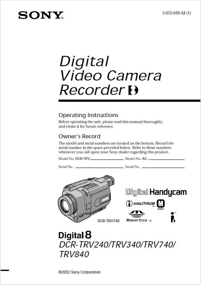 Sony DCR-TRV840 Camcorder Owners Manual