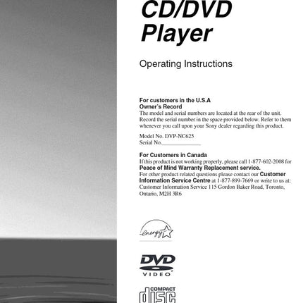 Sony DVP-NC625 DVD Player Owners Manual