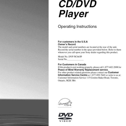 Sony DVP-NC665P DVD Player Owners Manual