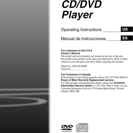 Sony DVP-NC800H DVD Player Owners Manual