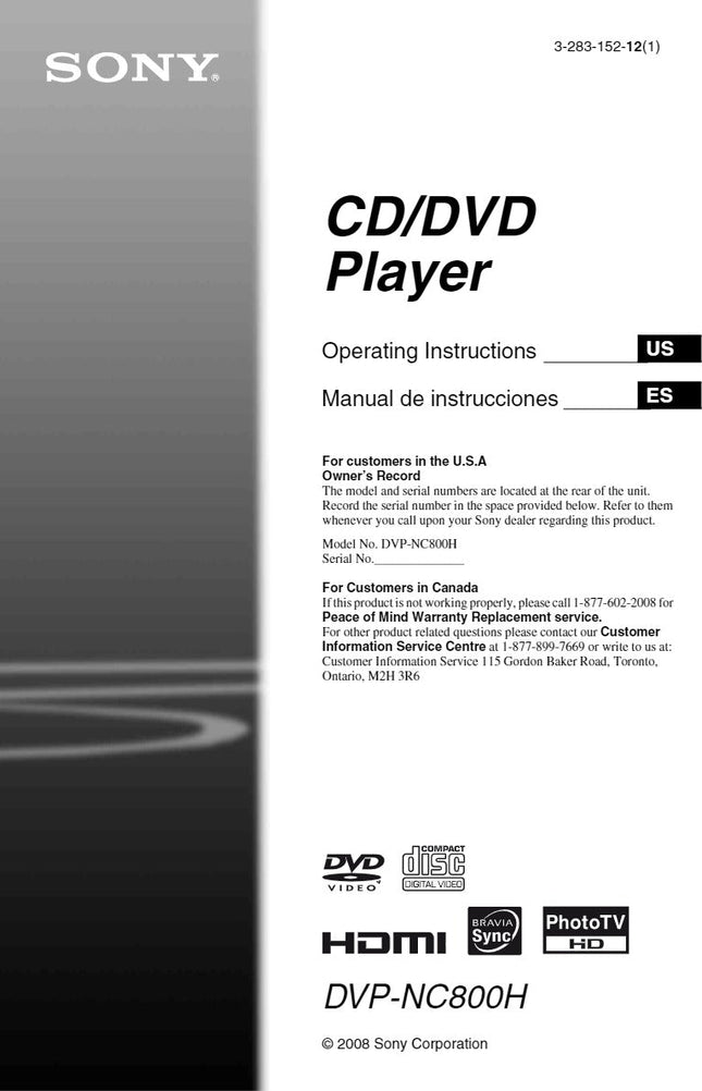 Sony DVP-NC800H DVD Player Owners Manual