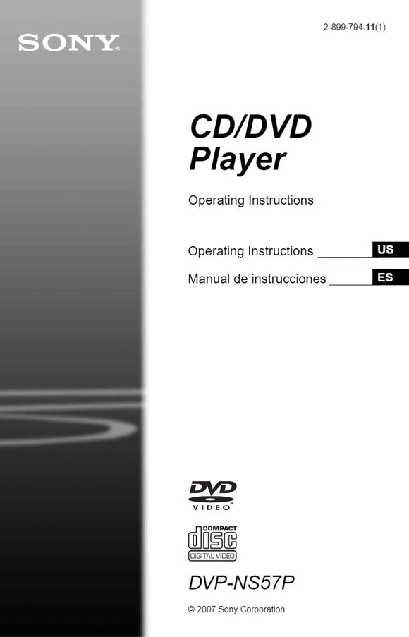 Sony DVP-NS57P DVD Player Owners Manual