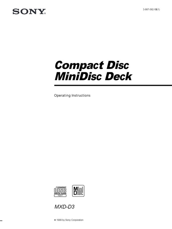 Sony MXD-D3 Minidisc Owners Manual