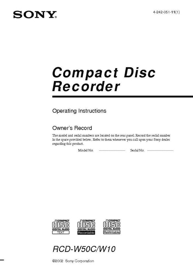 Sony RCD-W10 CD Recorder Owners Manual