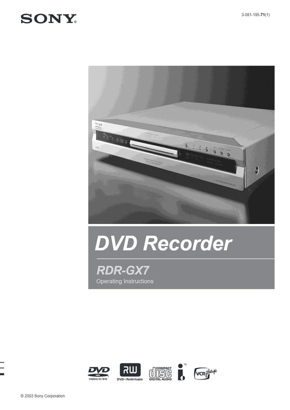 sony RDR-GX7 DVD Recorder owners manual