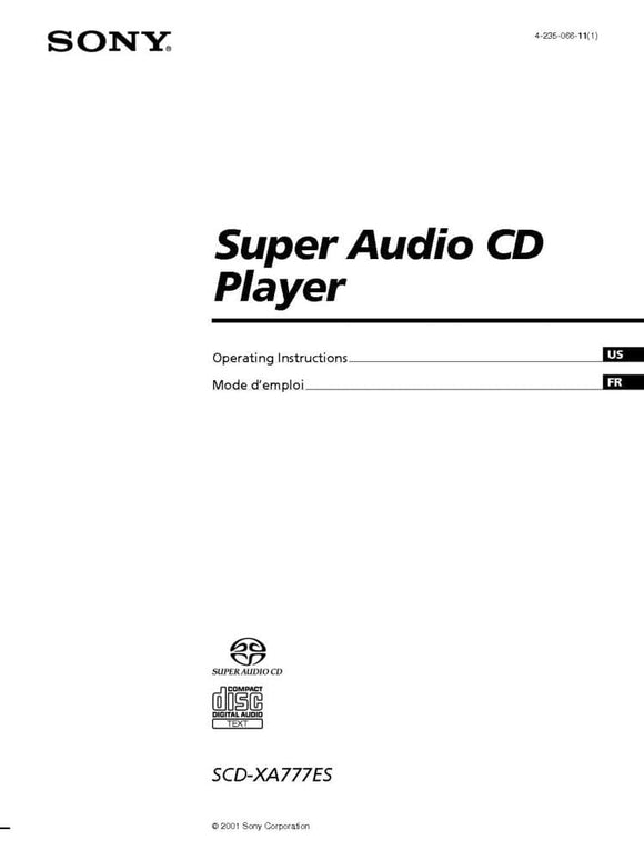 Sony SCD-XA777ES Super Audio CD Player Owners Manual