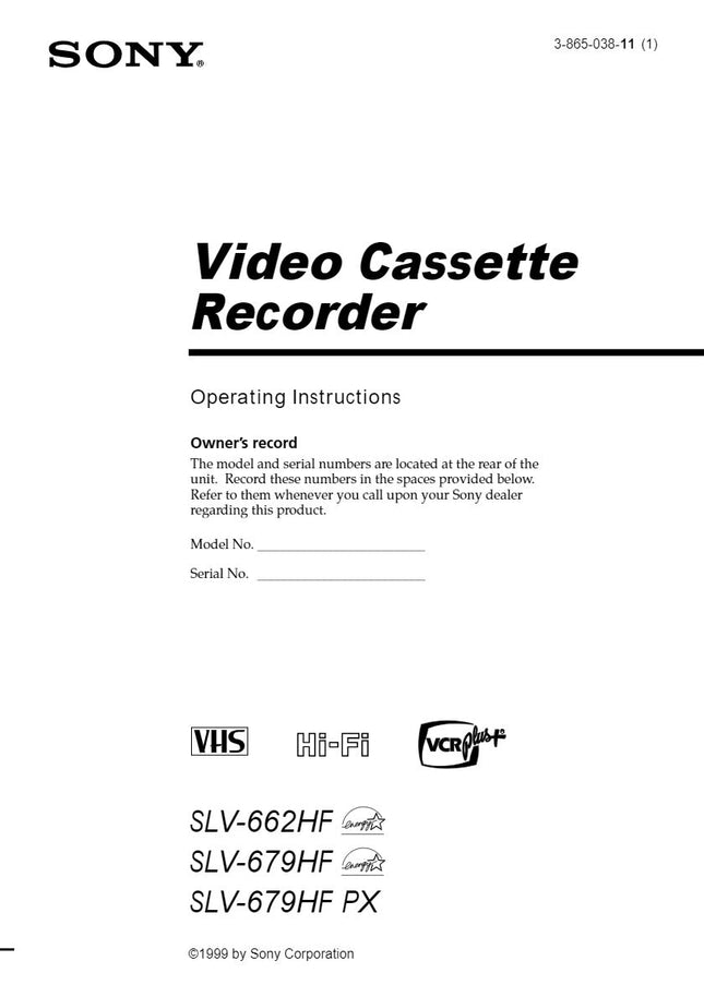 Sony SLV-662HF VCR Owners Manual