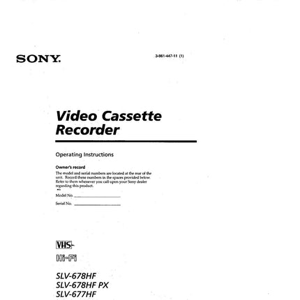 Sony SLV-678HF PX VCR Owners Manual