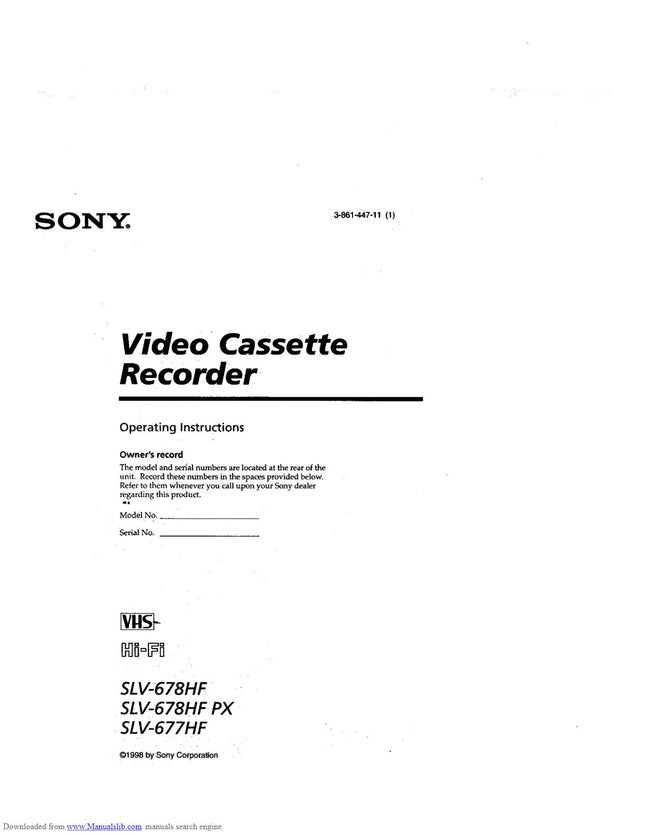 Sony SLV-678HF PX VCR Owners Manual