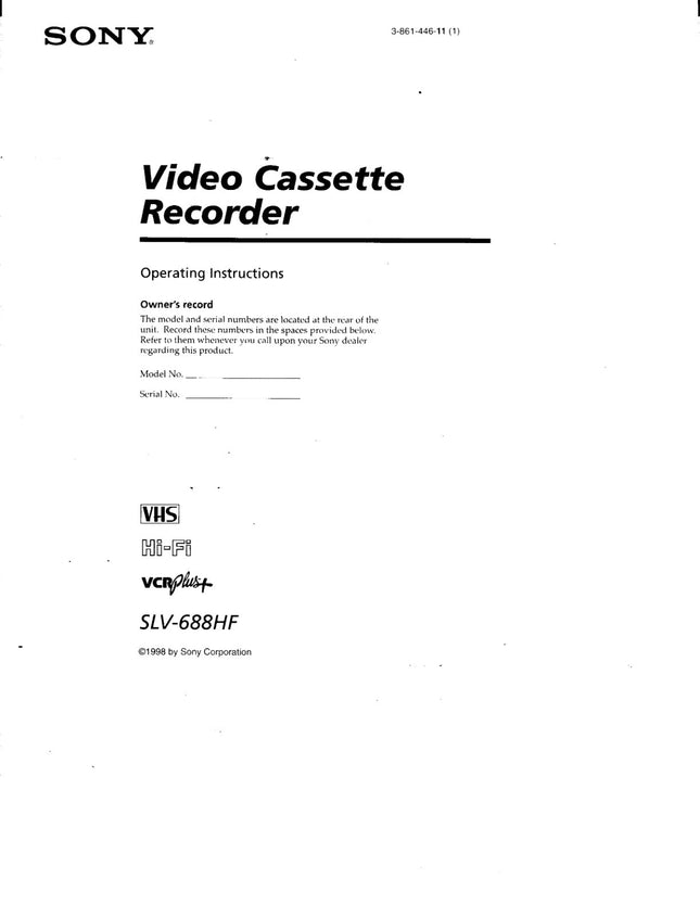 Sony SLV-688HF VCR Owners Manual