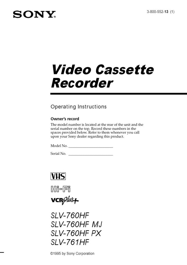 Sony SLV-760HF VCR Owners Manual