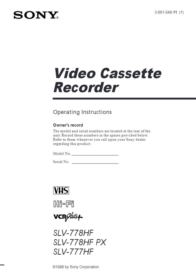 Sony SLV-777HF PX VCR Owners Manual