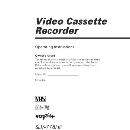 Sony SLV-778HF VCR Owners Manual