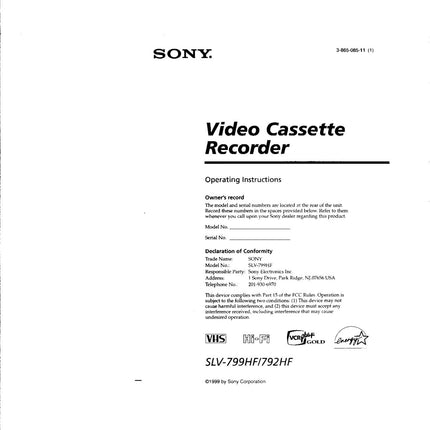Sony SLV-792HF VCR Owners Manual