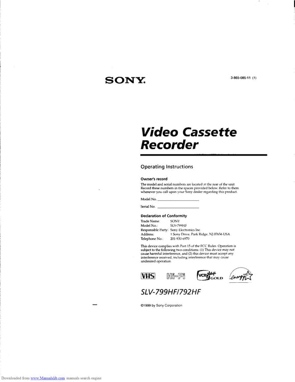 Sony SLV-792HF VCR Owners Manual