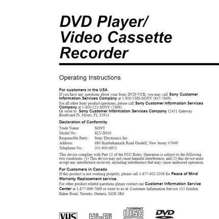 Sony SLV-D100 VCR Owners Manual