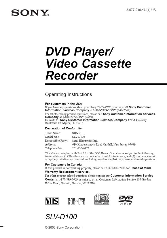 Sony SLV-D100 VCR Owners Manual