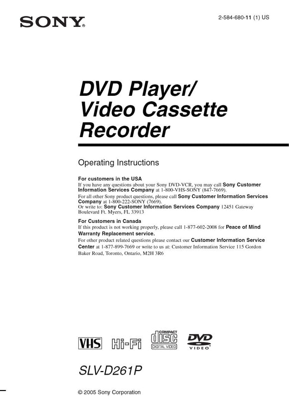 Sony SLV-D261P VCR DVD Owners Manual