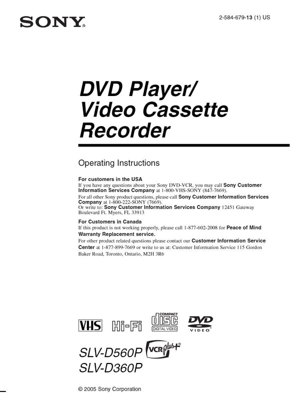 Sony SLV-D360P VCR DVD Owners Manual