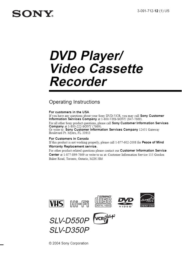 Sony SLV-D550P VCR DVD Owners Manual