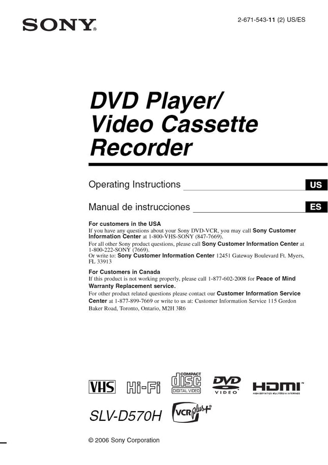 Sony SLV-D570H VCR DVD Owners Manual