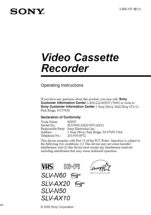 Sony SLV-N50 VCR Owners Manual