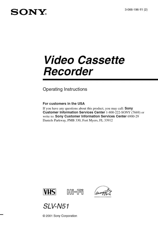 Sony SLV-N51 VCR Owners Manual