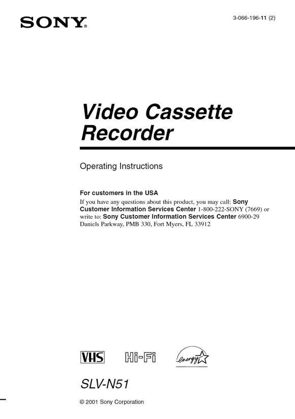 Sony SLV-N51 VCR Owners Manual