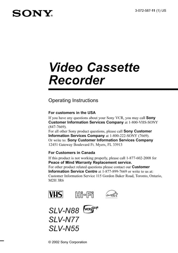 Sony SLV-N55 VCR Owners Manual