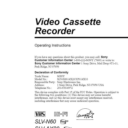Sony SLV-N60 VCR Owners Manual
