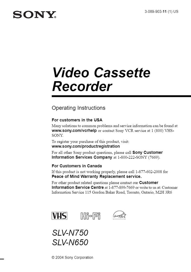 Sony SLV-N650 VCR Owners Manual